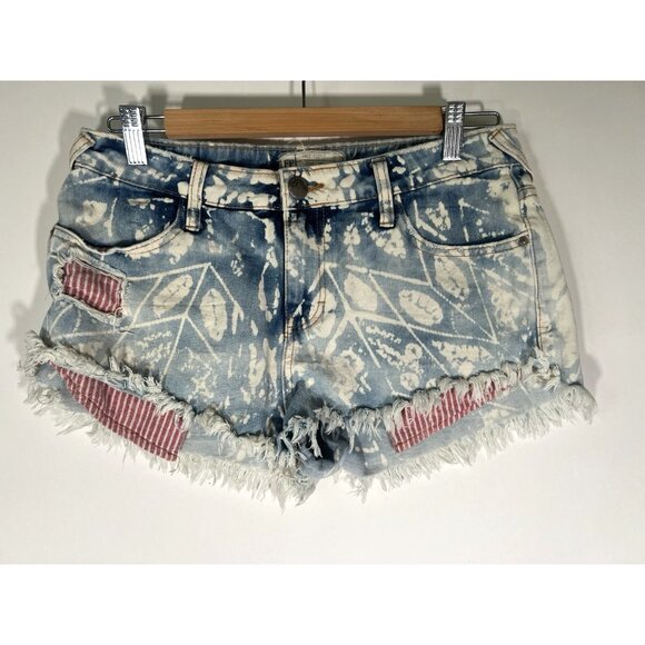 Free People Pants - Free People denim blue whitewashed cut-off distressed shorts red stripe 29